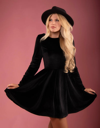 Hillary Short Velvet Swing Dress With Long Sleeves in Black