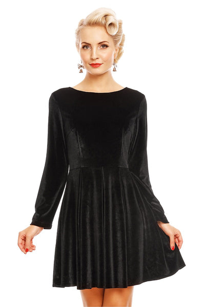 Hillary Short Velvet Swing Dress With Long Sleeves in Black