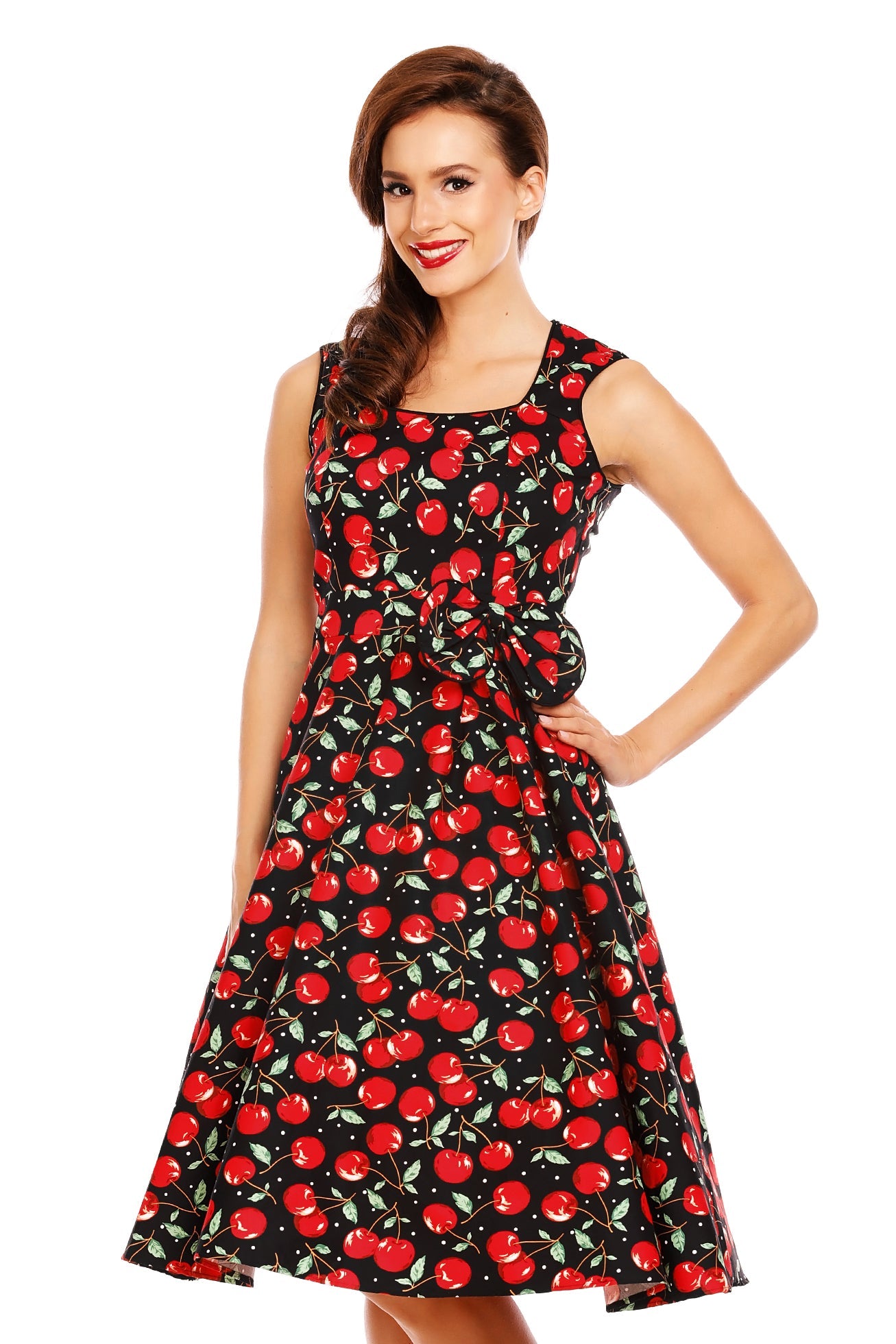 Harriet 50s Inspired Cherry Dress with Black Piping