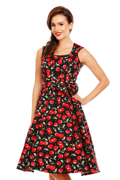 Harriet 50s Inspired Cherry Dress with Black Piping
