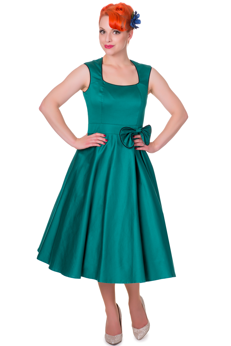 Harriet 50's Style Bow Swing Dress in Green/Black