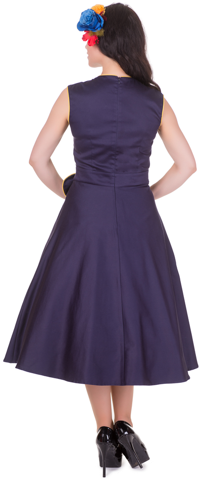 Harriet Vintage Swing Dress in Navy Blue-Yellow