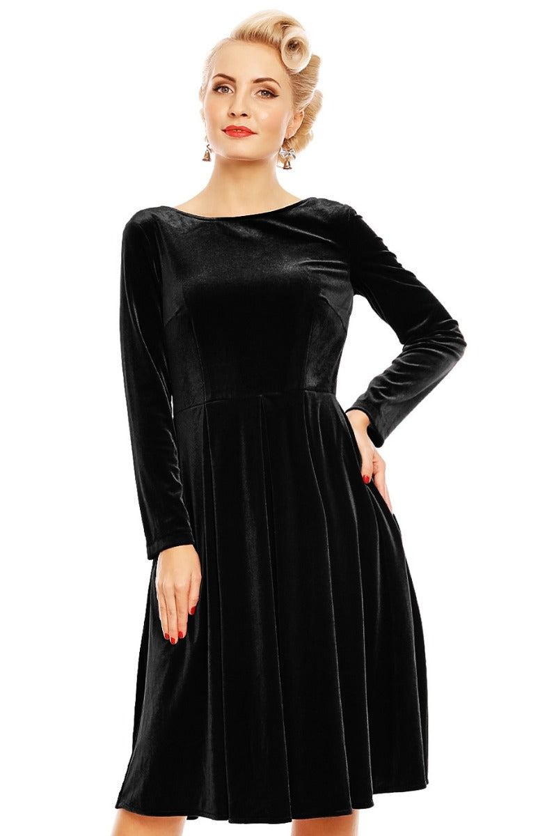 Holly Velvet Long Sleeve Swing Dress in Black