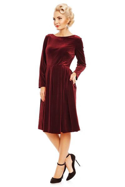 Holly Velvet Long Sleeve Swing Dress in Burgundy