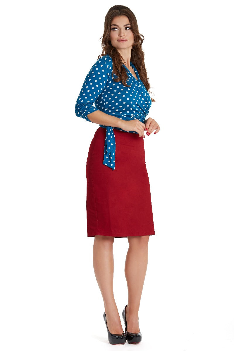 Womens Chic Pencil Plain Skirt in Burgundy Red