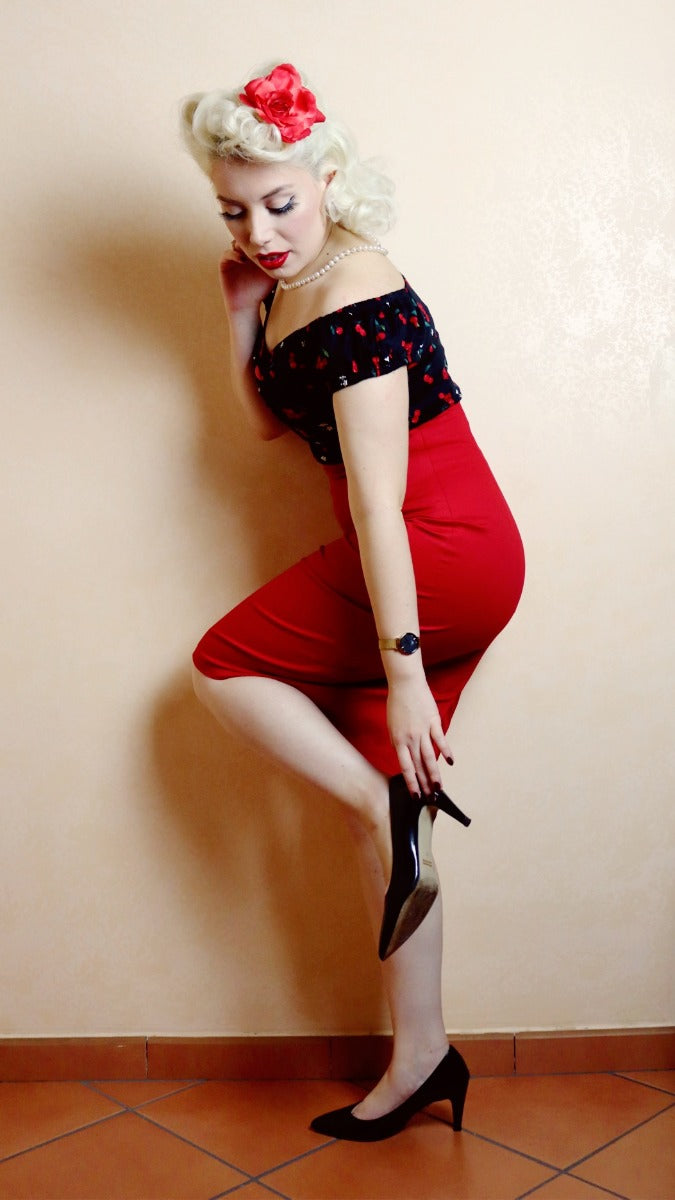 Falda Vintage 50s Style Pencil Skirt in Burgundy Red