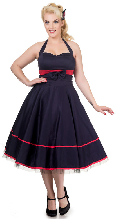 Mandy Vintage Inspired Swing Dress in Navy Blue-Red