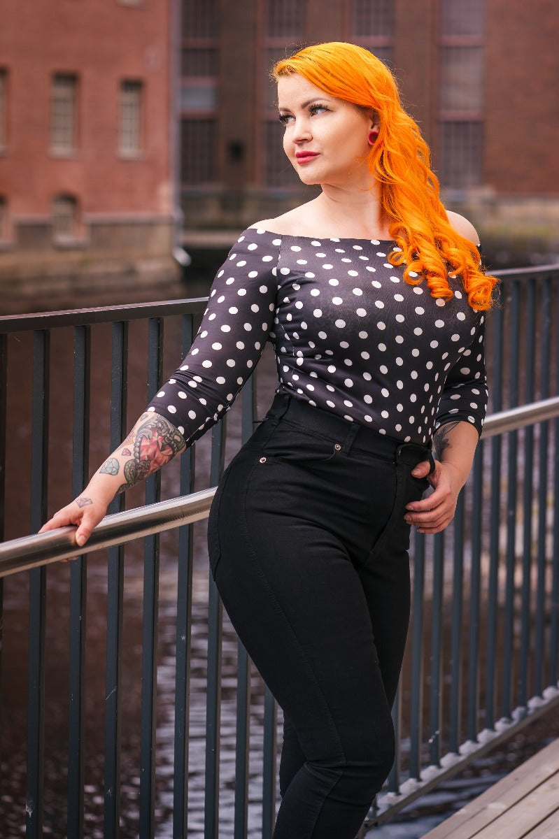 Gloria Bardot Polka Dot Rockabilly Top in Black/White