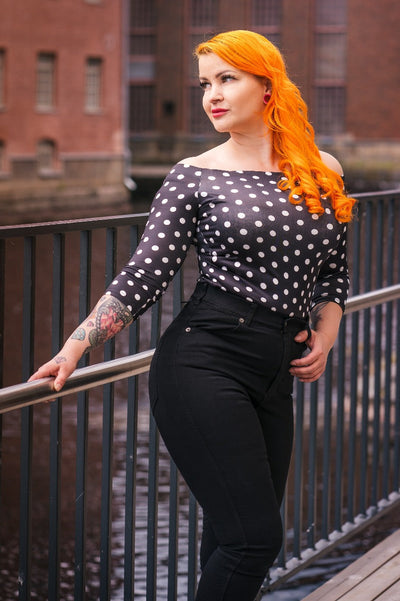 Gloria Bardot Polka Dot Rockabilly Top in Black/White