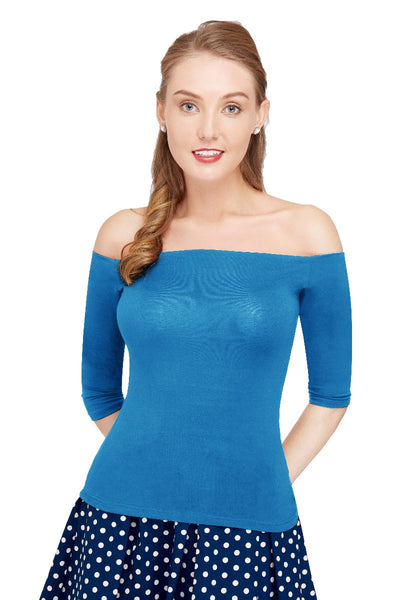Gloria Off Shoulder Retro Plain Top in Blue