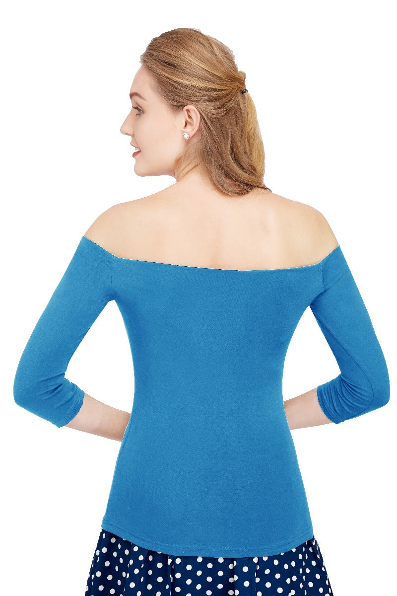 Gloria Off Shoulder Retro Plain Top in Blue