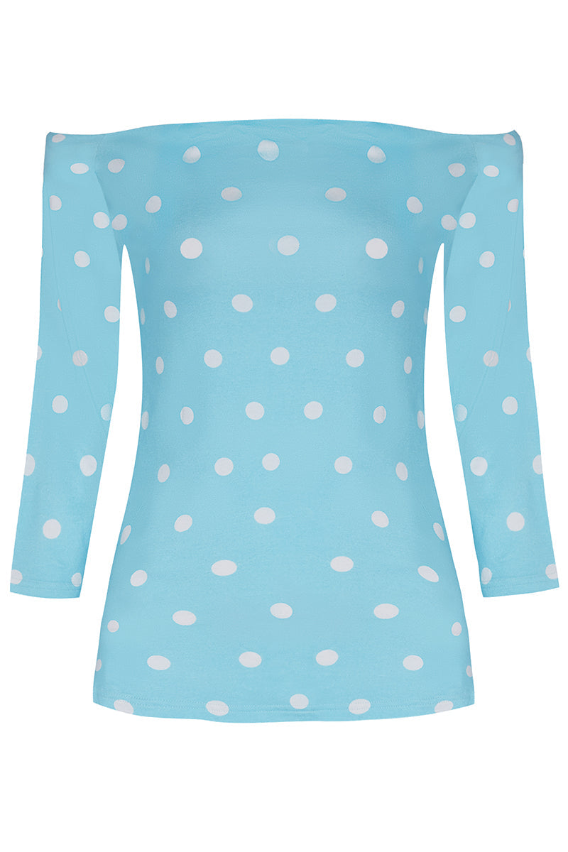 Gloria Bardot Polka Dot Rockabilly Off-Shoulder Top?in Baby Blue and White Dots