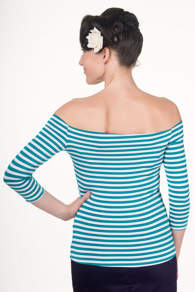 Gloria Off Shoulder Retro Striped Top in Turquoise