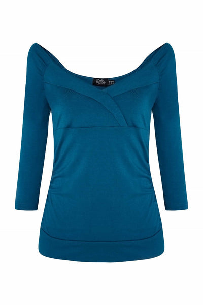 Paula Retro Twisted V-Neck Top in Peacock Blue