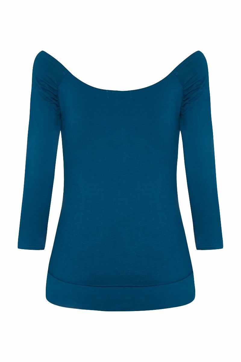 Paula Retro Twisted V-Neck Top in Peacock Blue
