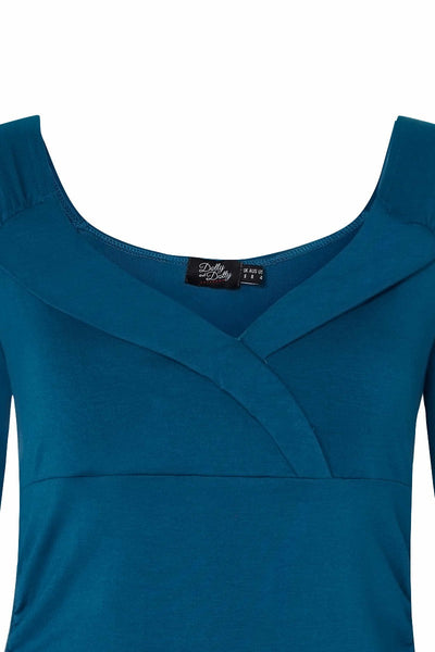 Paula Retro Twisted V-Neck Top in Peacock Blue