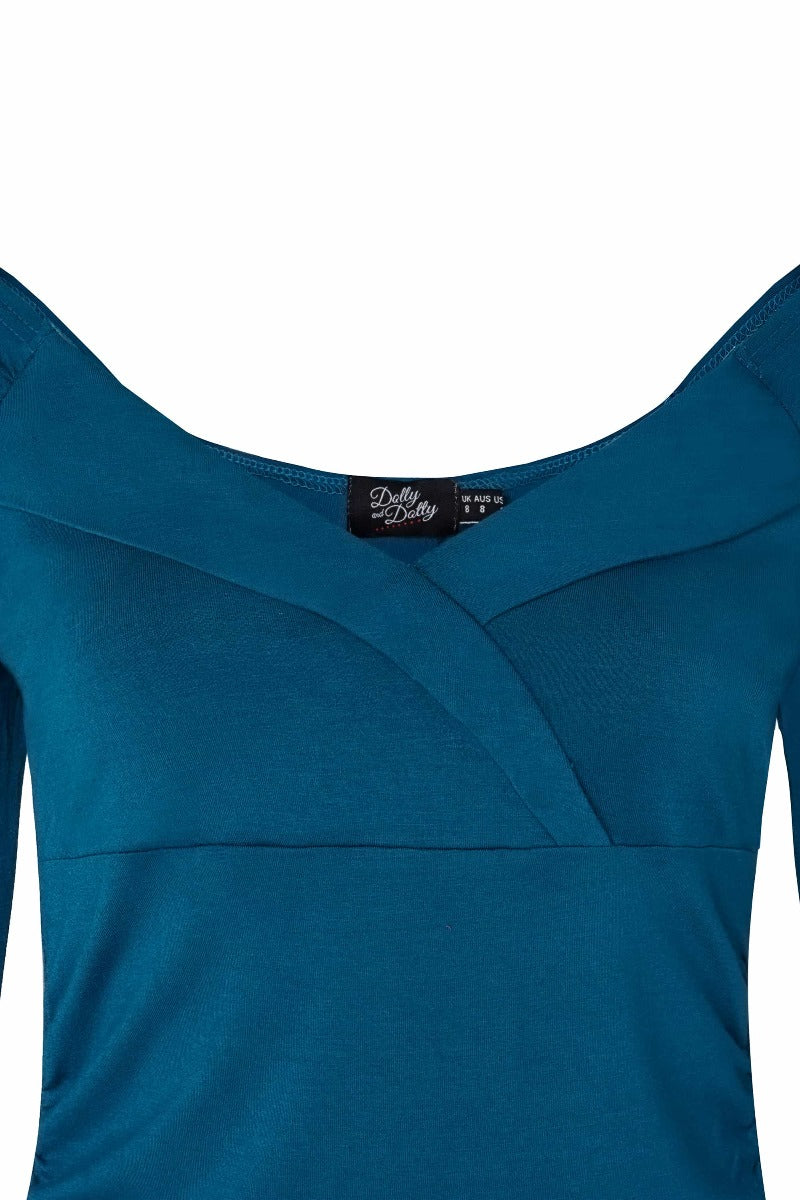 Paula Retro Twisted V-Neck Top in Peacock Blue