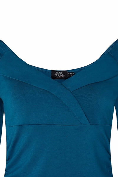 Paula Retro Twisted V-Neck Top in Peacock Blue