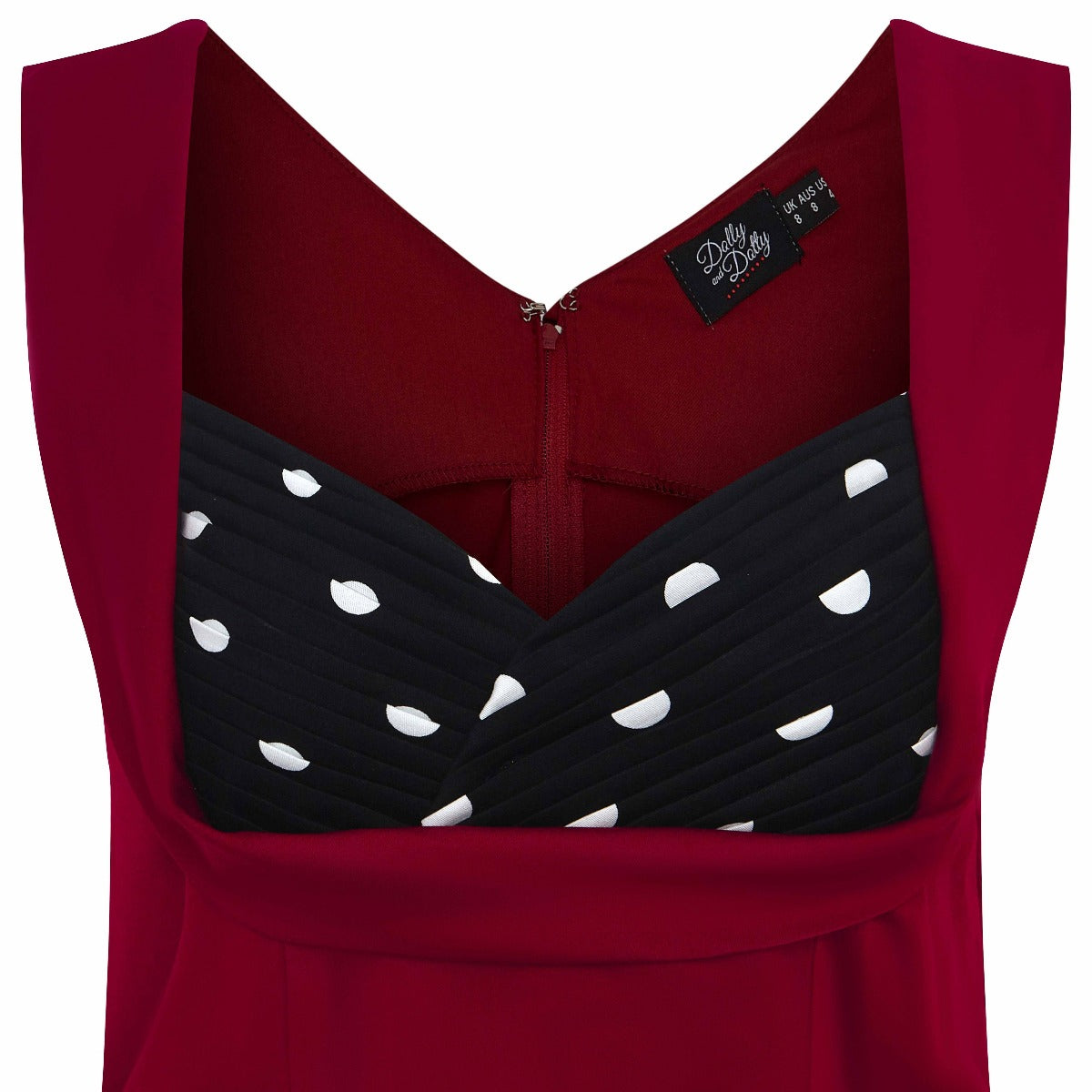 Georgina Slim Fit Top in Burgundy with Black Bust-White Polka Dots