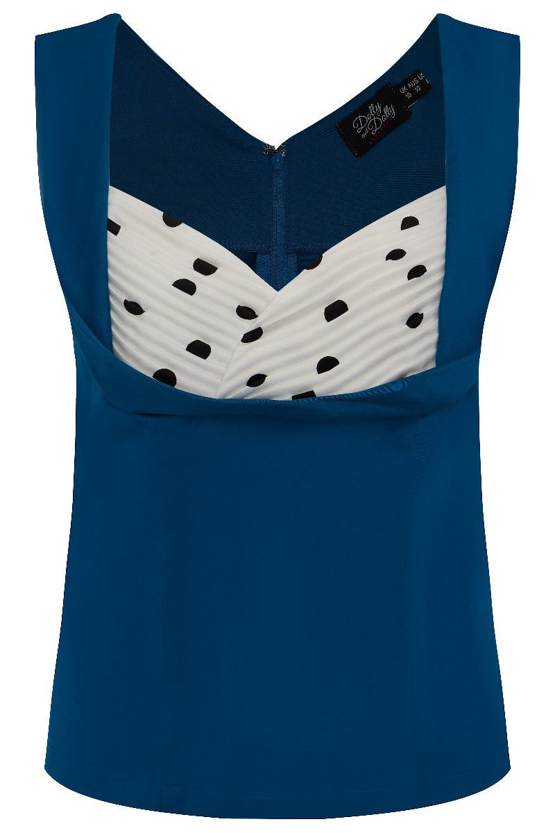 Georgina Slim Fit Top in Dark Blue with White Bust/Black Polka