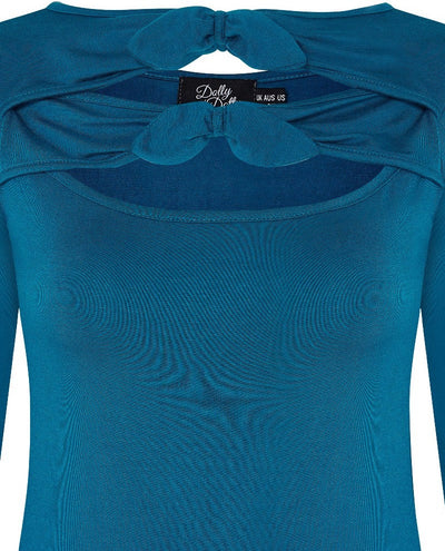 Nicole Retro Double Tie Keyhole Top in Peacock Blue