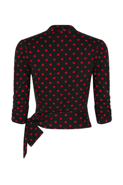Ceri Retro Wrap-Around Polka Dot Top in Black-Red