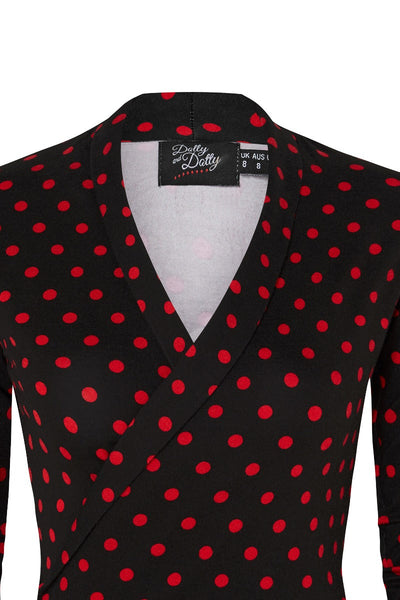 Ceri Retro Wrap-Around Polka Dot Top in Black-Red