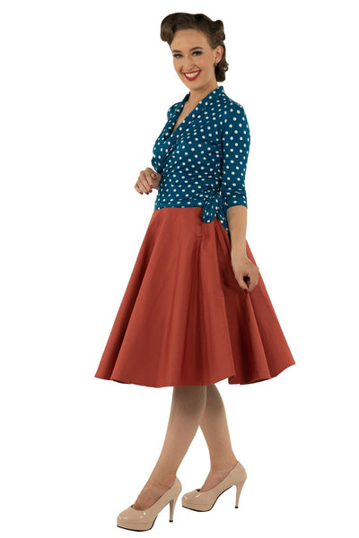 Ceri Retro Wrap-Around Polka Dot Top in Teal/White