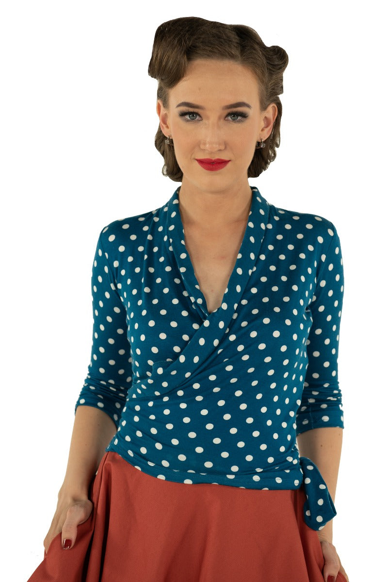 Ceri Retro Wrap-Around Polka Dot Top in Teal/White