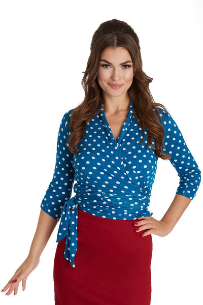 Ceri Retro Wrap-Around Polka Dot Top in Teal/White
