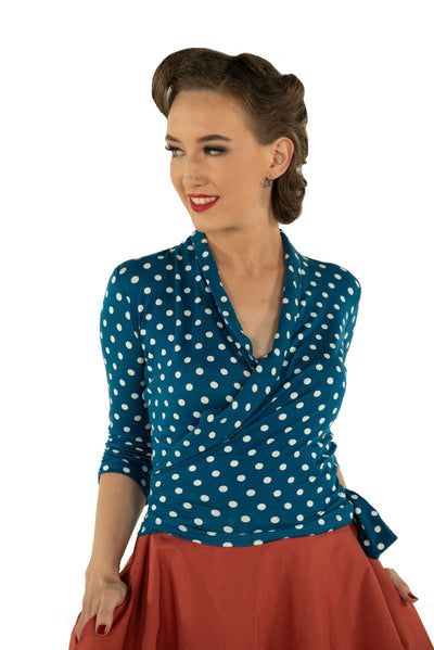 Ceri Retro Wrap-Around Polka Dot Top in Teal/White