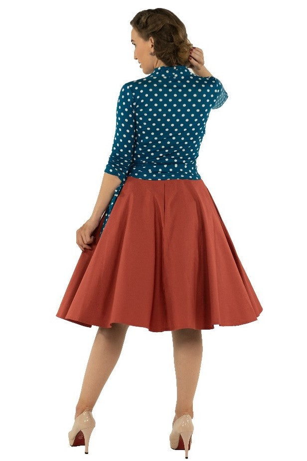 Ceri Retro Wrap-Around Polka Dot Top in Teal/White