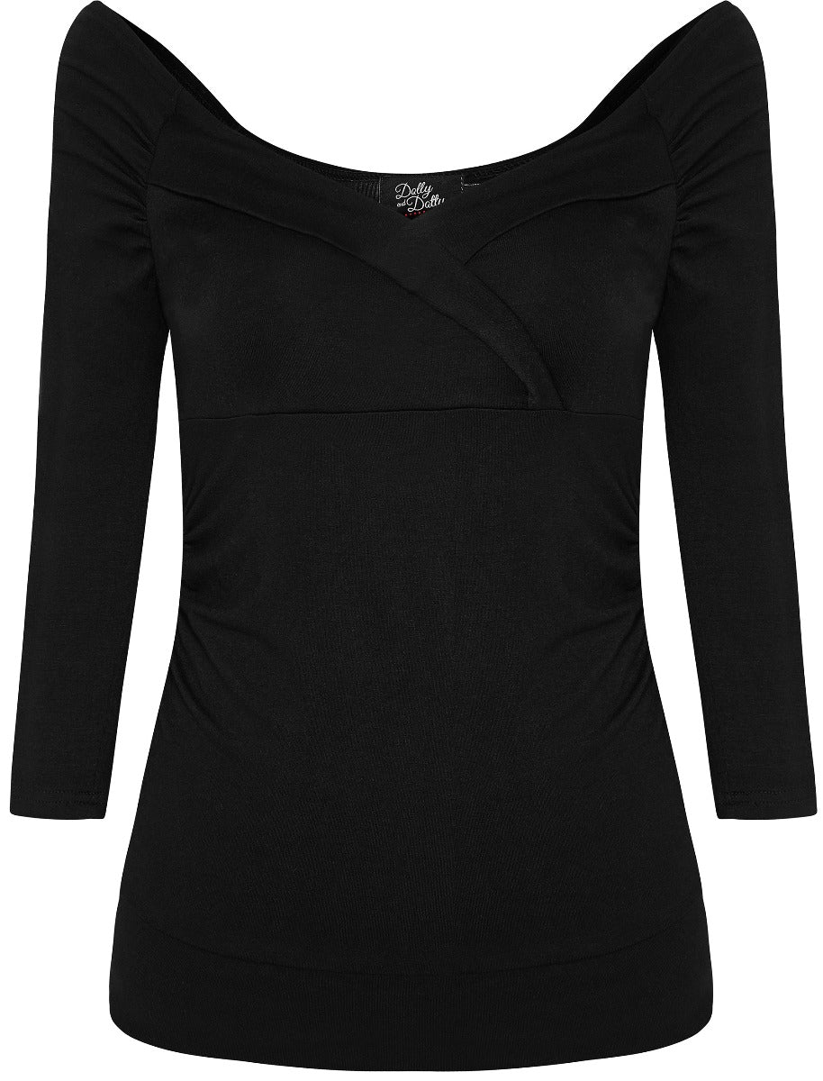 Paula Retro Twisted V-Neck Top in Black
