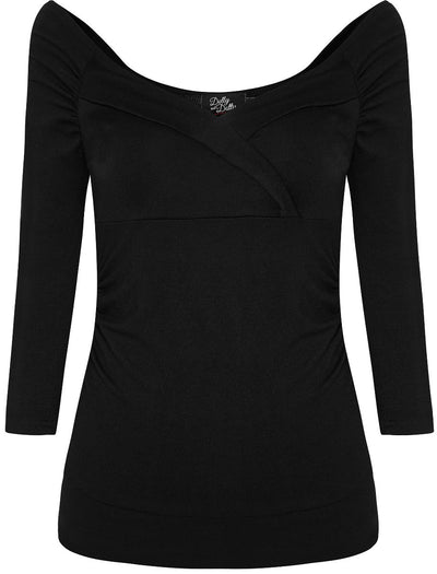Paula Retro Twisted V-Neck Top in Black