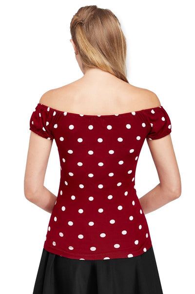 Susan Bardot Style Off-On Shoulder Tie Top Burgundy & White Polka