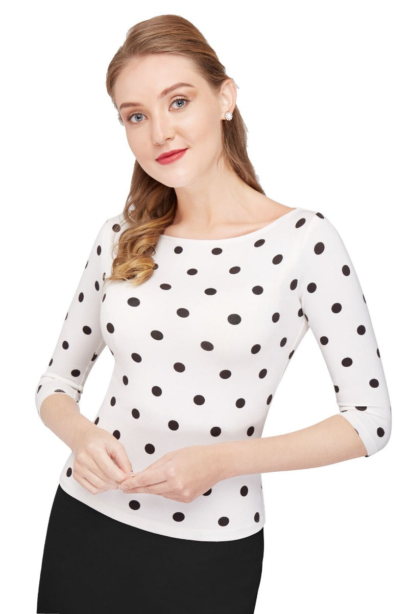 Donna Long Sleeve Vintage Inspired Bateau Neck Top in White with Black Polka Dots