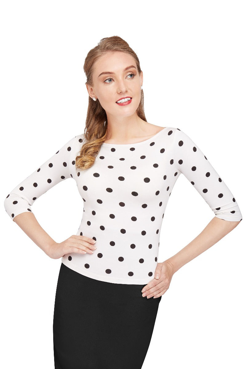 Donna Long Sleeve Vintage Inspired Bateau Neck Top in White with Black Polka Dots
