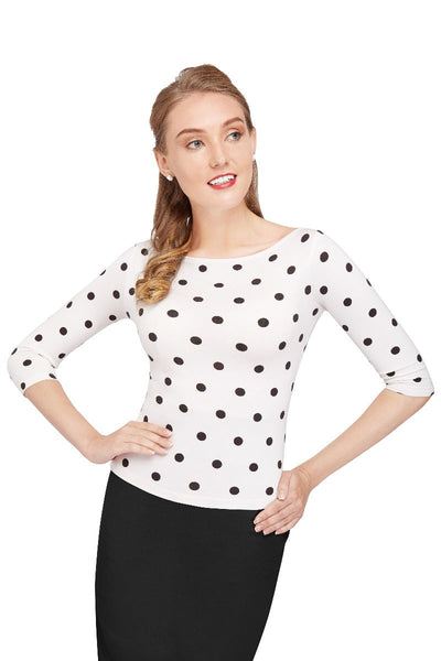 Donna Long Sleeve Vintage Inspired Bateau Neck Top in White with Black Polka Dots