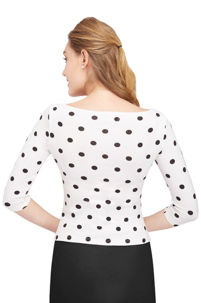 Donna Long Sleeve Vintage Inspired Bateau Neck Top in White with Black Polka Dots
