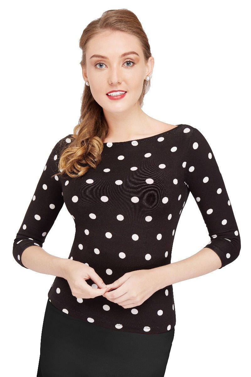 Donna Long Sleeve Vintage Inspired Bateau Neck Top in Black with White Polka Dots