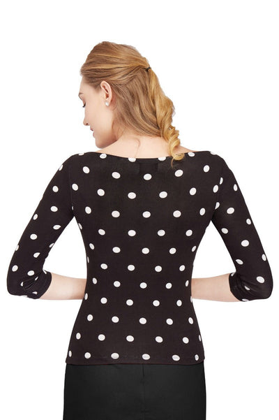 Donna Long Sleeve Vintage Inspired Bateau Neck Top in Black with White Polka Dots