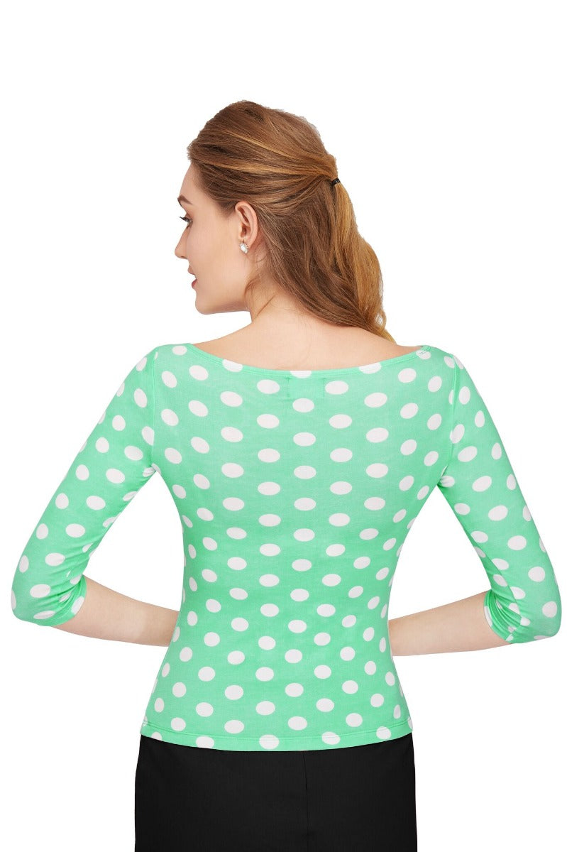 Donna Long Sleeved Bateau Neck Top Aqua Blue & White Polka Dot