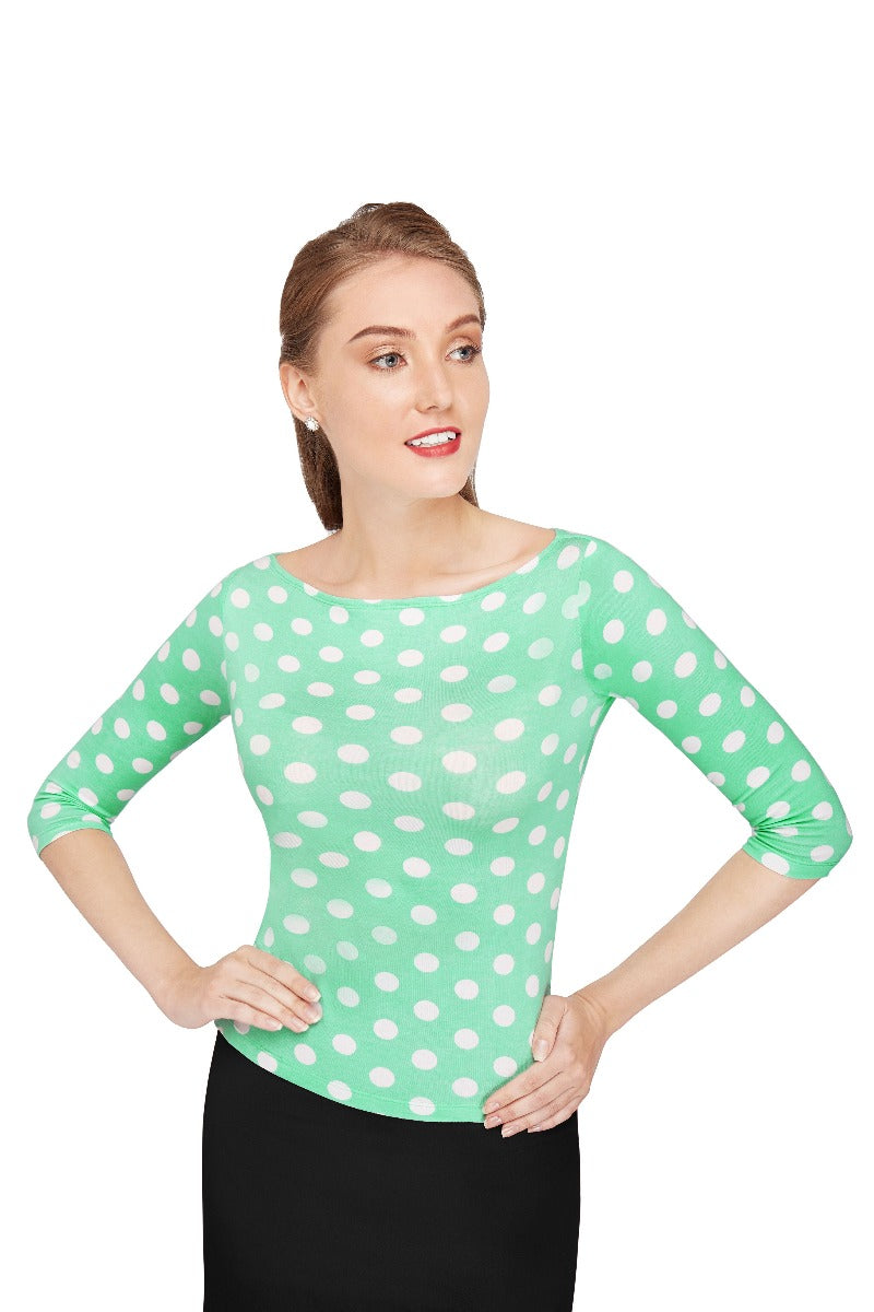 Donna Long Sleeved Bateau Neck Top Aqua Blue & White Polka Dot