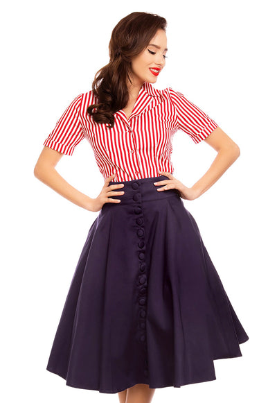 Erin High Waist Flared Skirt With Buttons in Navy Blue