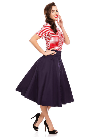 Erin High Waist Flared Skirt With Buttons in Navy Blue