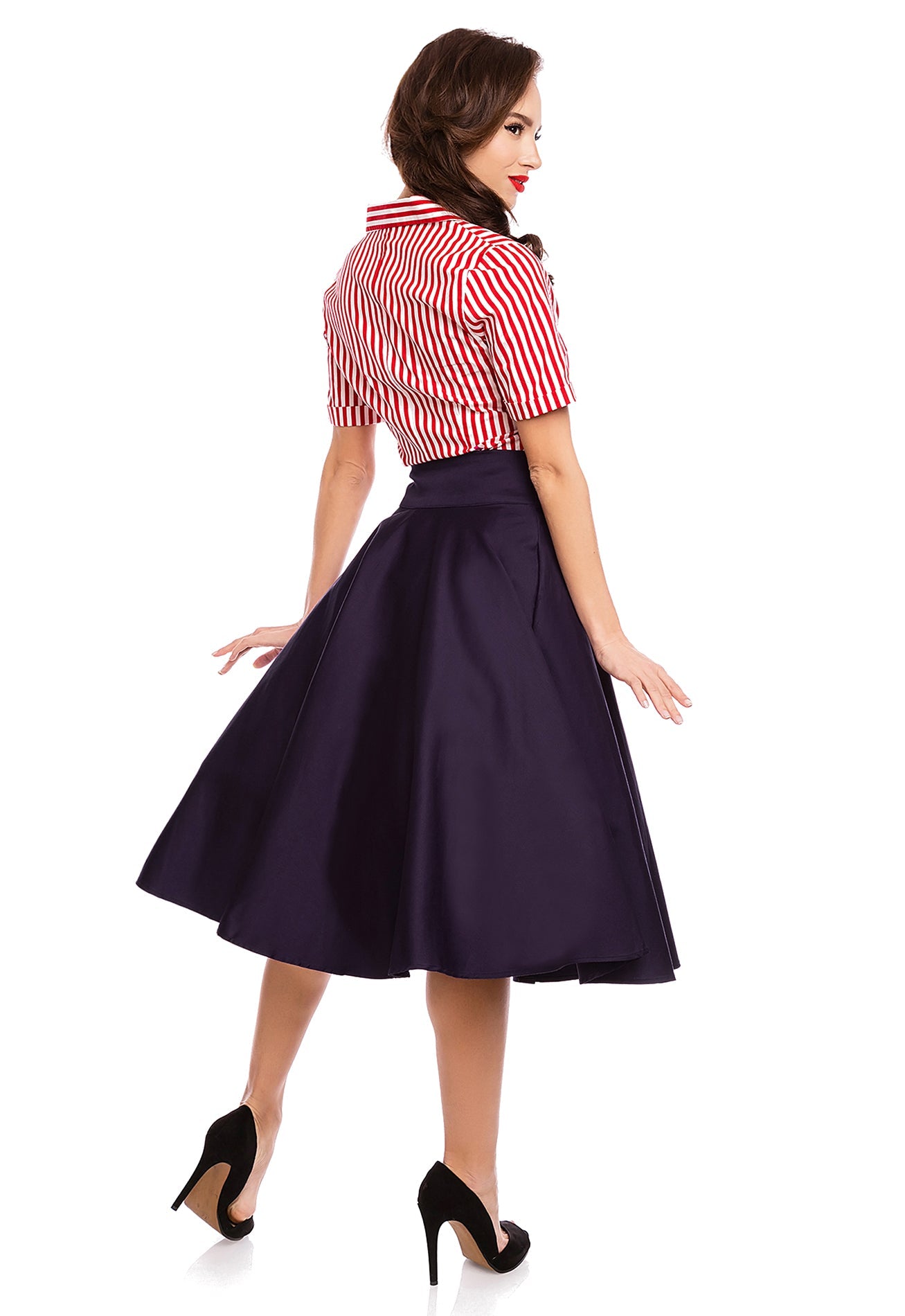 Erin High Waist Flared Skirt With Buttons in Navy Blue
