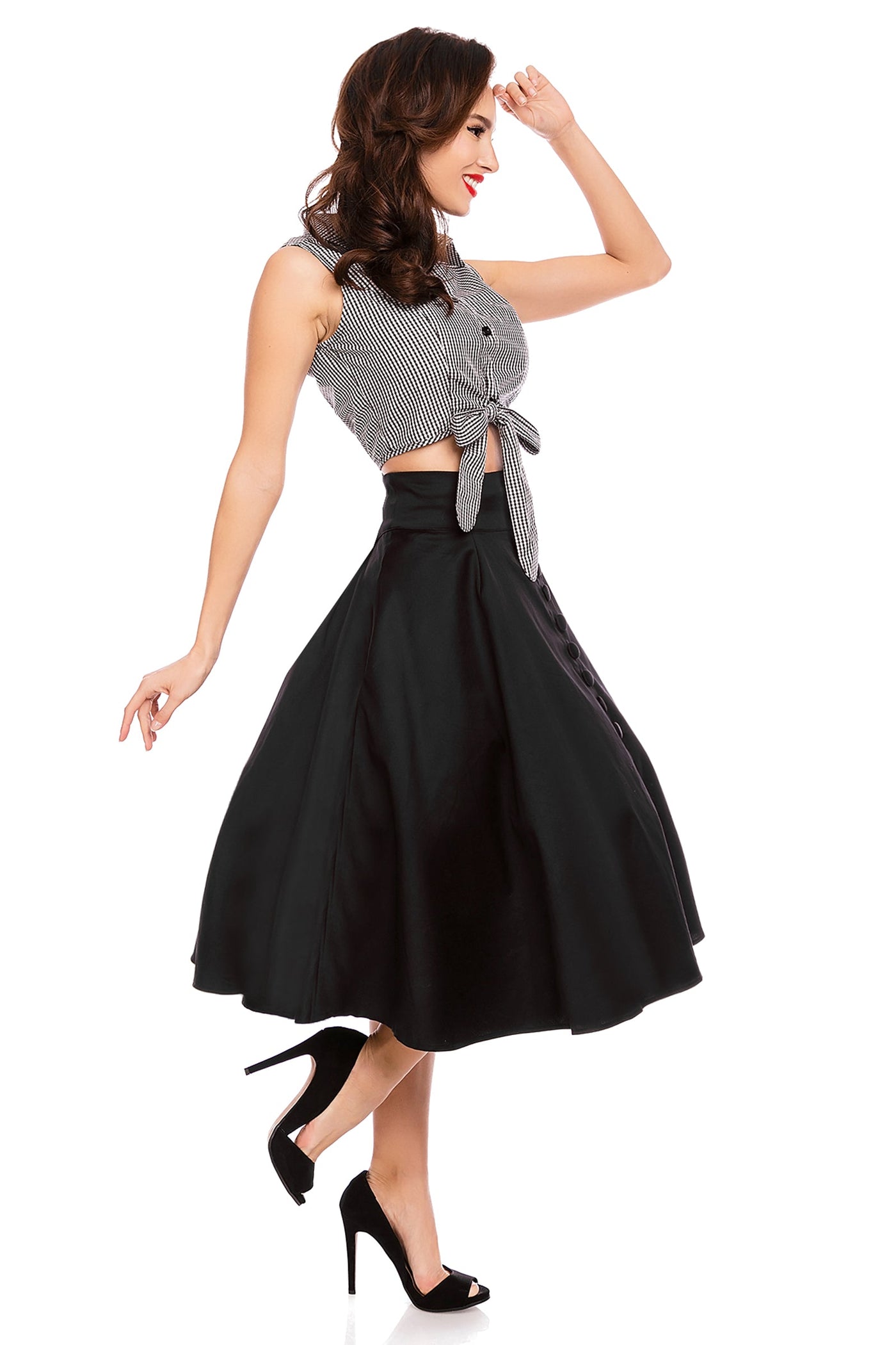 Erin High Waist Flared Skirt With Buttons in Black