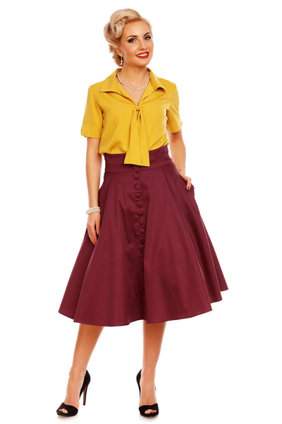 Erin High Waist Flared Skirt With Buttons in Burgundy Red