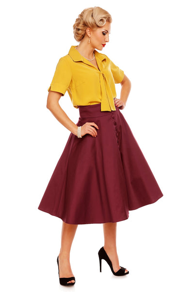 Erin High Waist Flared Skirt With Buttons in Burgundy Red
