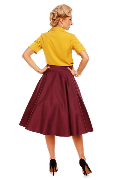 Erin High Waist Flared Skirt With Buttons in Burgundy Red